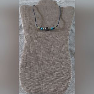 Handmade Peacock, Green & Light Blue Pearl & Navy Blue Leather Necklace